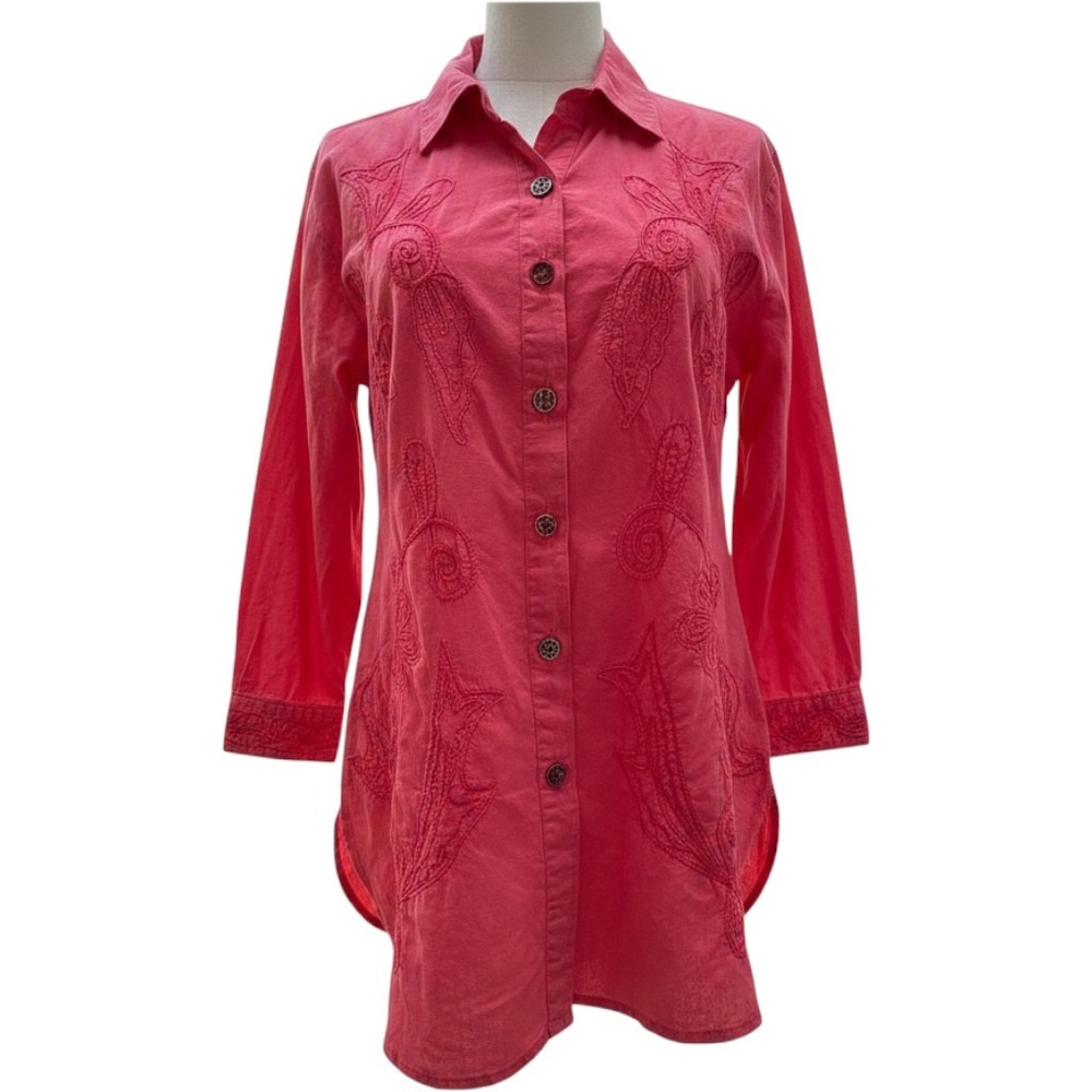 Piarsley & Sage‎ Linen Blend Button Down Tunic Top Floral Long Sleeve Artisank